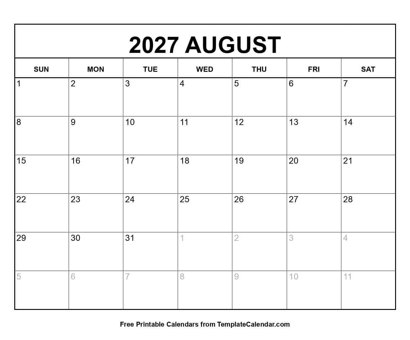 2027 August Calendar 2027 August Calendar