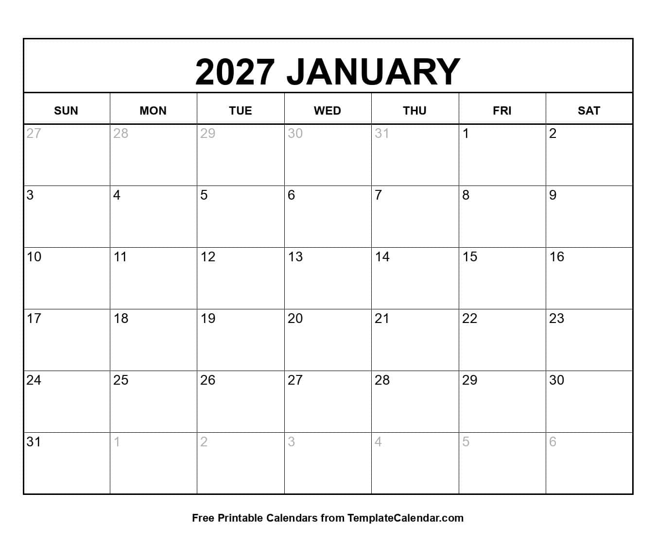 2027 January Calendar 2027 January Calendar