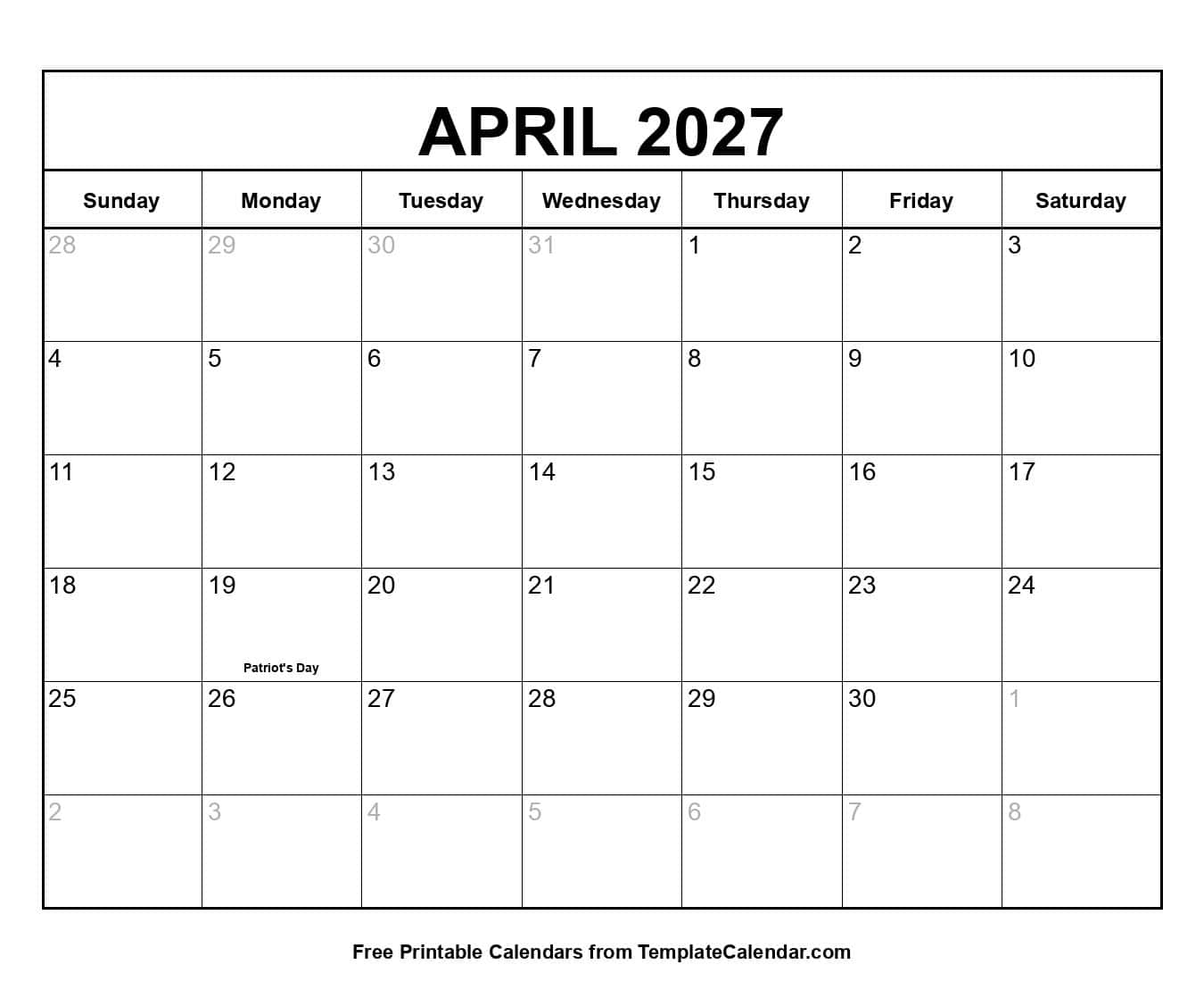 April 2027 Calendar with Holidays April 2027 Calendar with Holidays