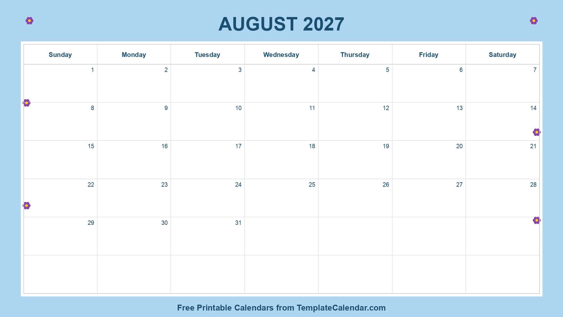 Colorful August 2027 Calendar Colorful August 2027 Calendar