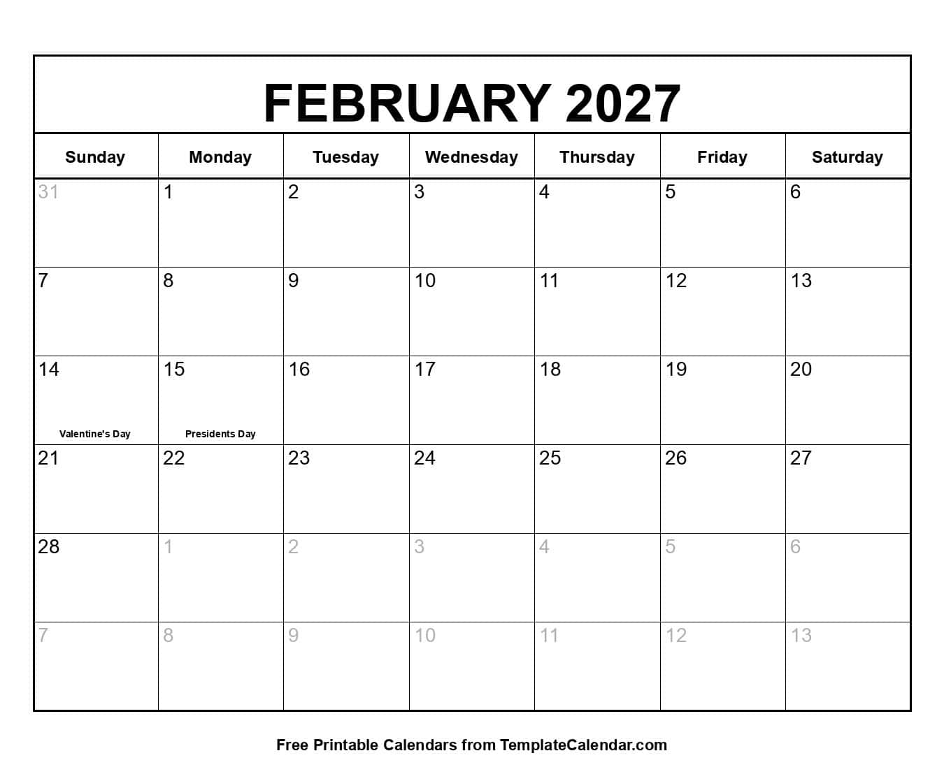 February 2027 Calendar with Holidays February 2027 Calendar with Holidays