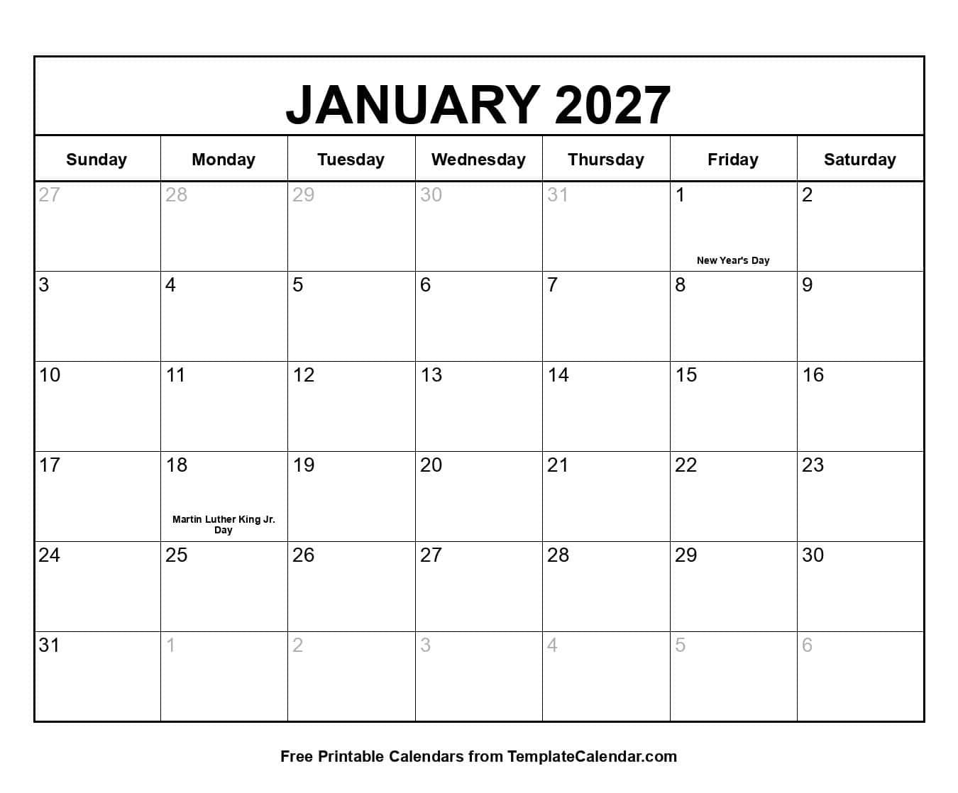 January 2027 Calendar with Holidays January 2027 Calendar with Holidays