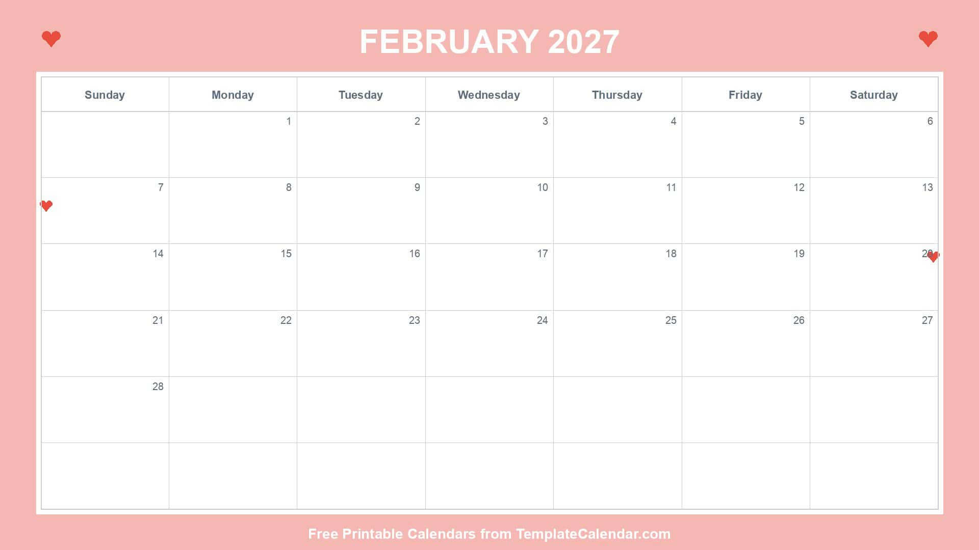 Love Themed February 2027 Calendar Love Themed February 2027 Calendar