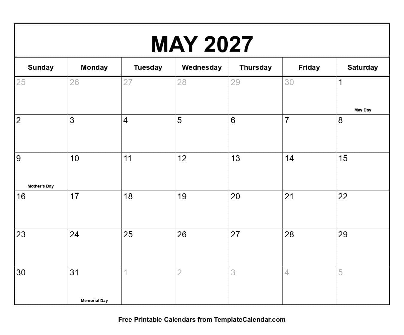 May 2027 Calendar with Holidays May 2027 Calendar with Holidays
