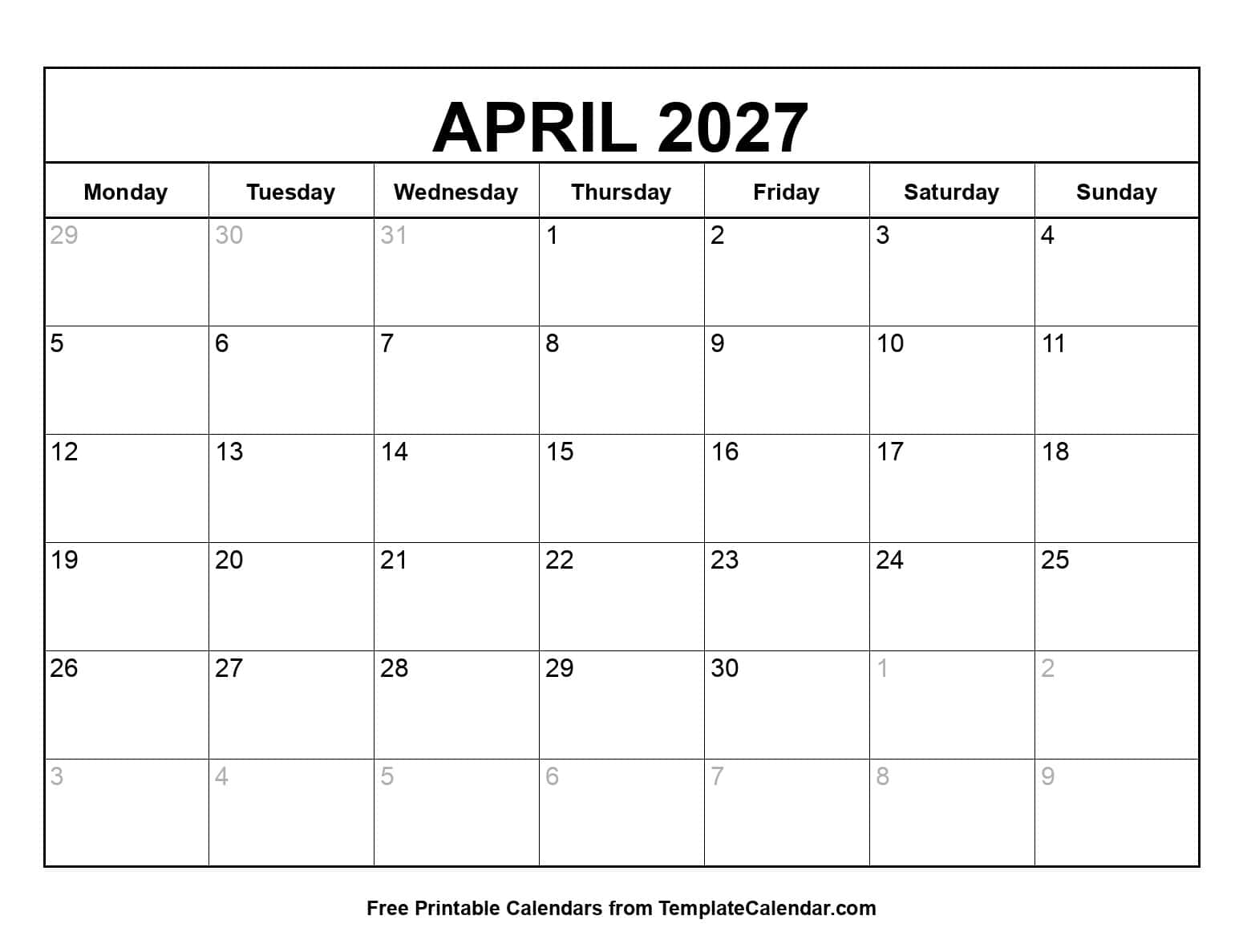 Monday Start April 2027 Calendar Monday Start April 2027 Calendar