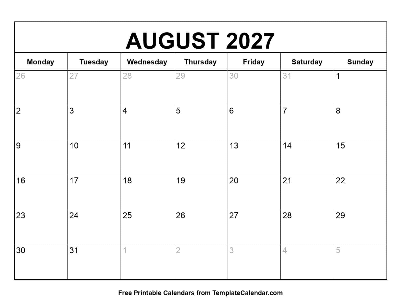 Monday Start August 2027 Calendar Monday Start August 2027 Calendar