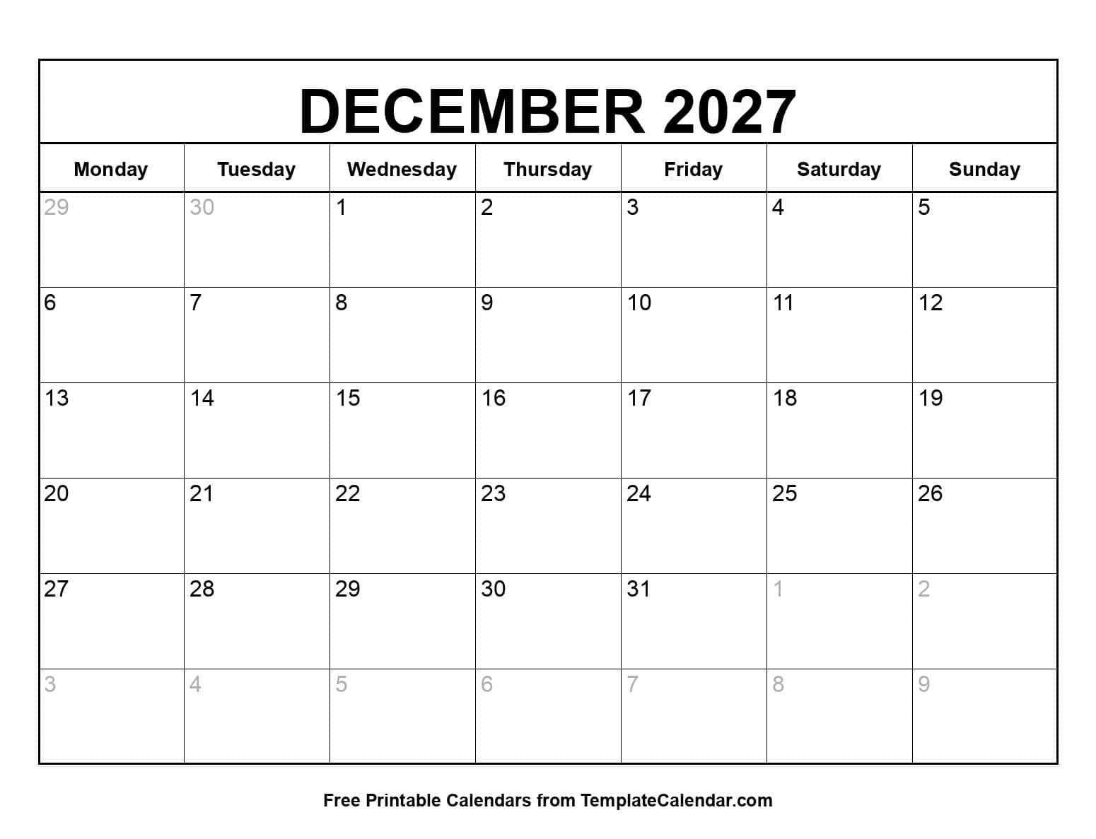Monday Start December 2027 Calendar Monday Start December 2027 Calendar