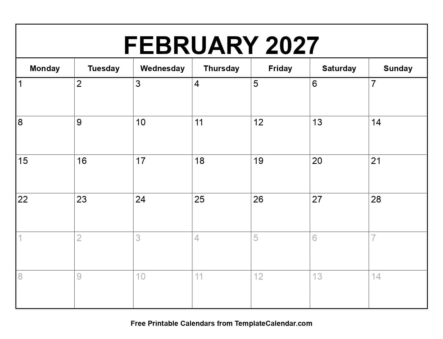 Monday Start February 2027 Calendar Monday Start February 2027 Calendar