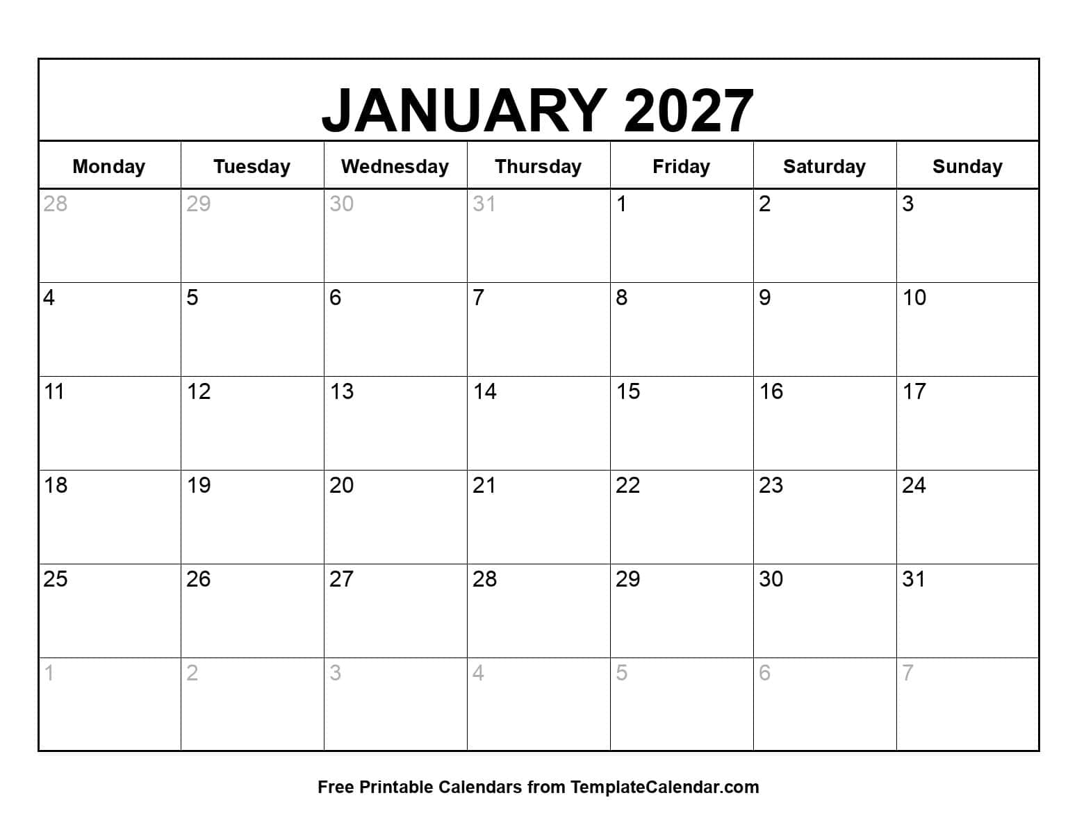 Monday Start January 2027 Calendar Monday Start January 2027 Calendar