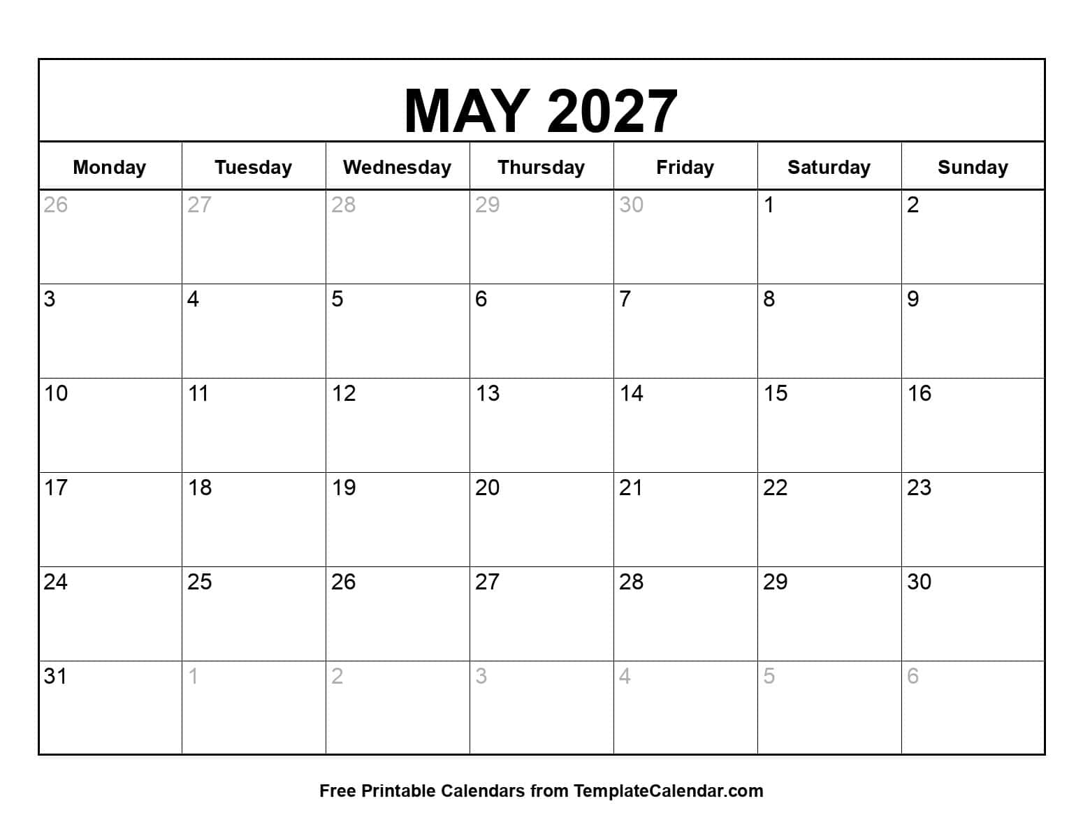 Monday Start May 2027 Calendar Monday Start May 2027 Calendar