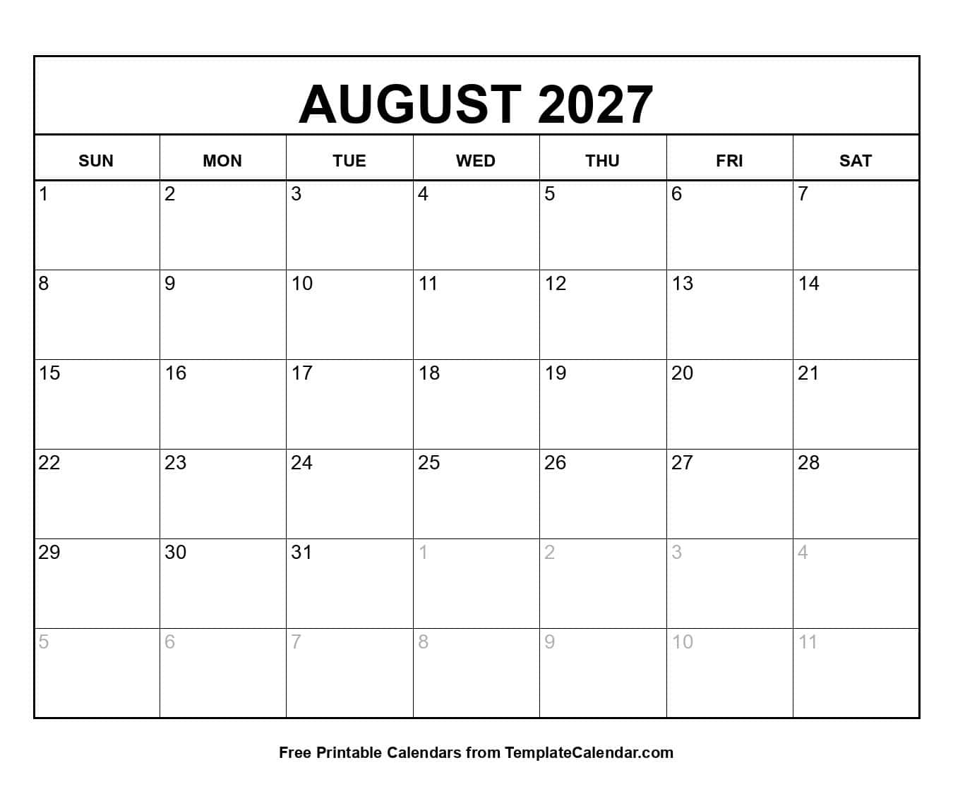 Printable August 2027 Calendar Printable August 2027 Calendar