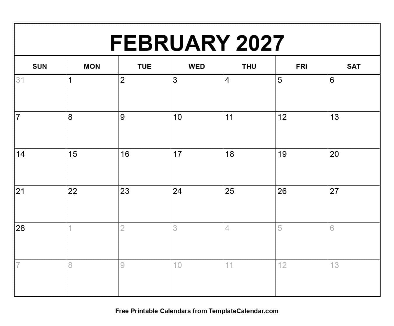 Printable February 2027 Calendar Printable February 2027 Calendar