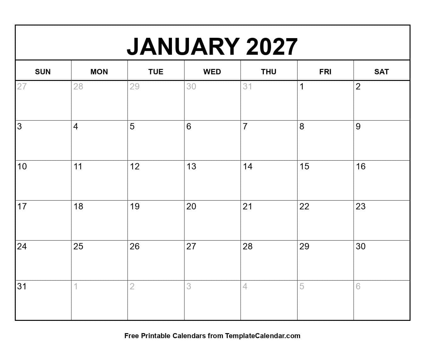 Printable January 2027 Calendar Printable January 2027 Calendar