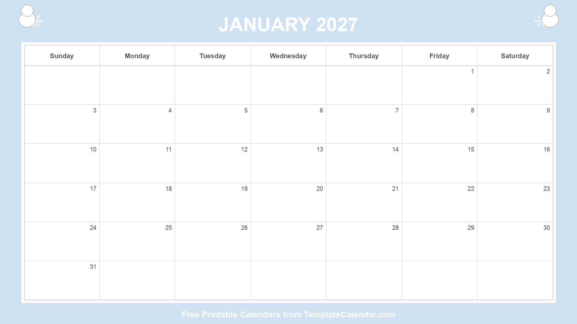 Winter Themed January 2027 Calendar Winter Themed January 2027 Calendar